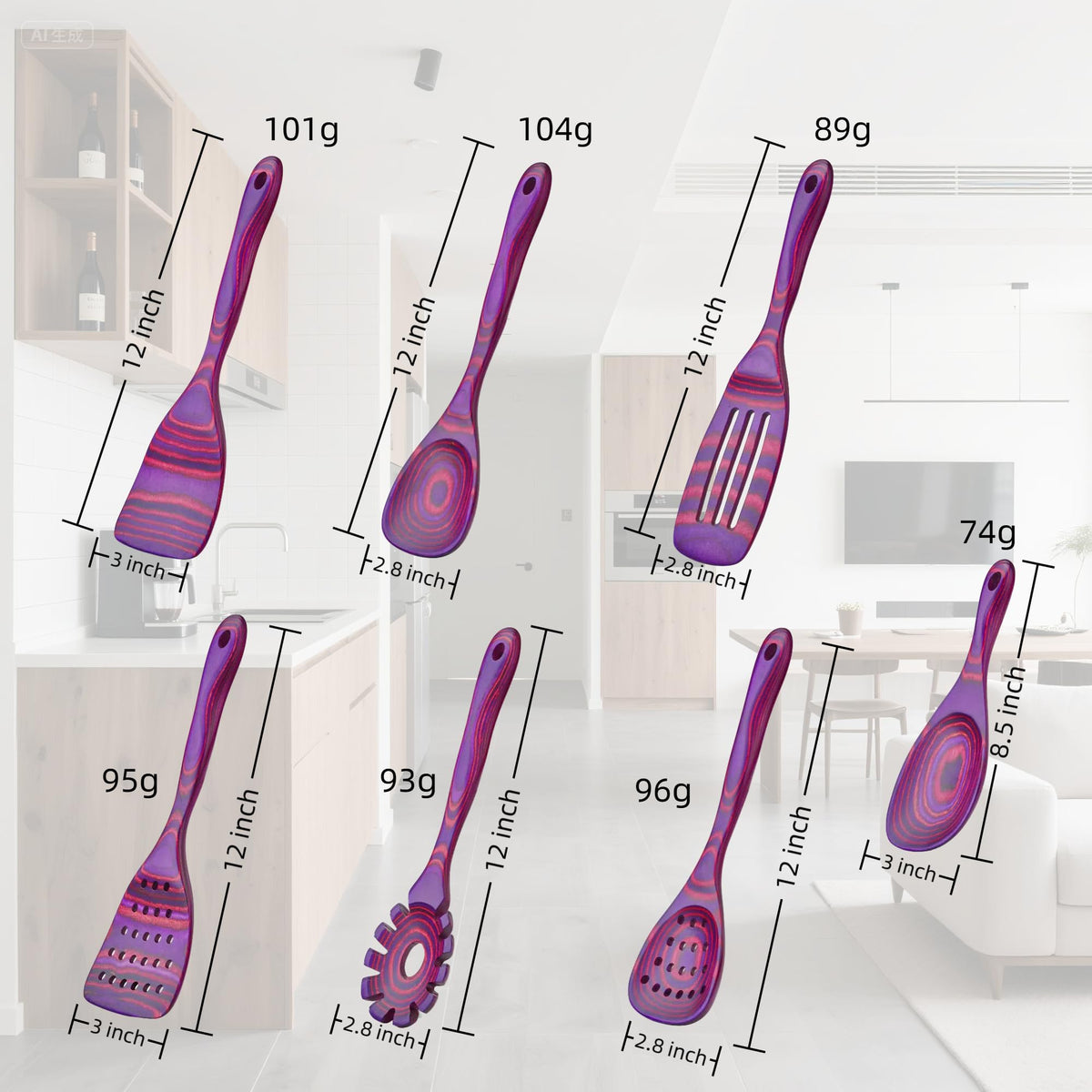 8 PCS Pakkwood Left-Handed Kitchen Utensil Set | Kitchen Cooking Utensil Set with Soup Ladle | Pakkawood Utensils | Non-Stick Wooden Spoons for Cooking | Byzantium