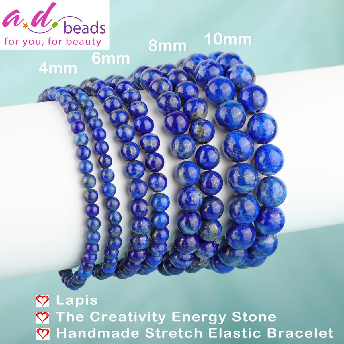 AD Beads 10mm Handmade Lapis Elastic Bracelet – Natural Gemstone for Profession Success – Meditation, Yoga, Healing and Energy Gift for Men Women