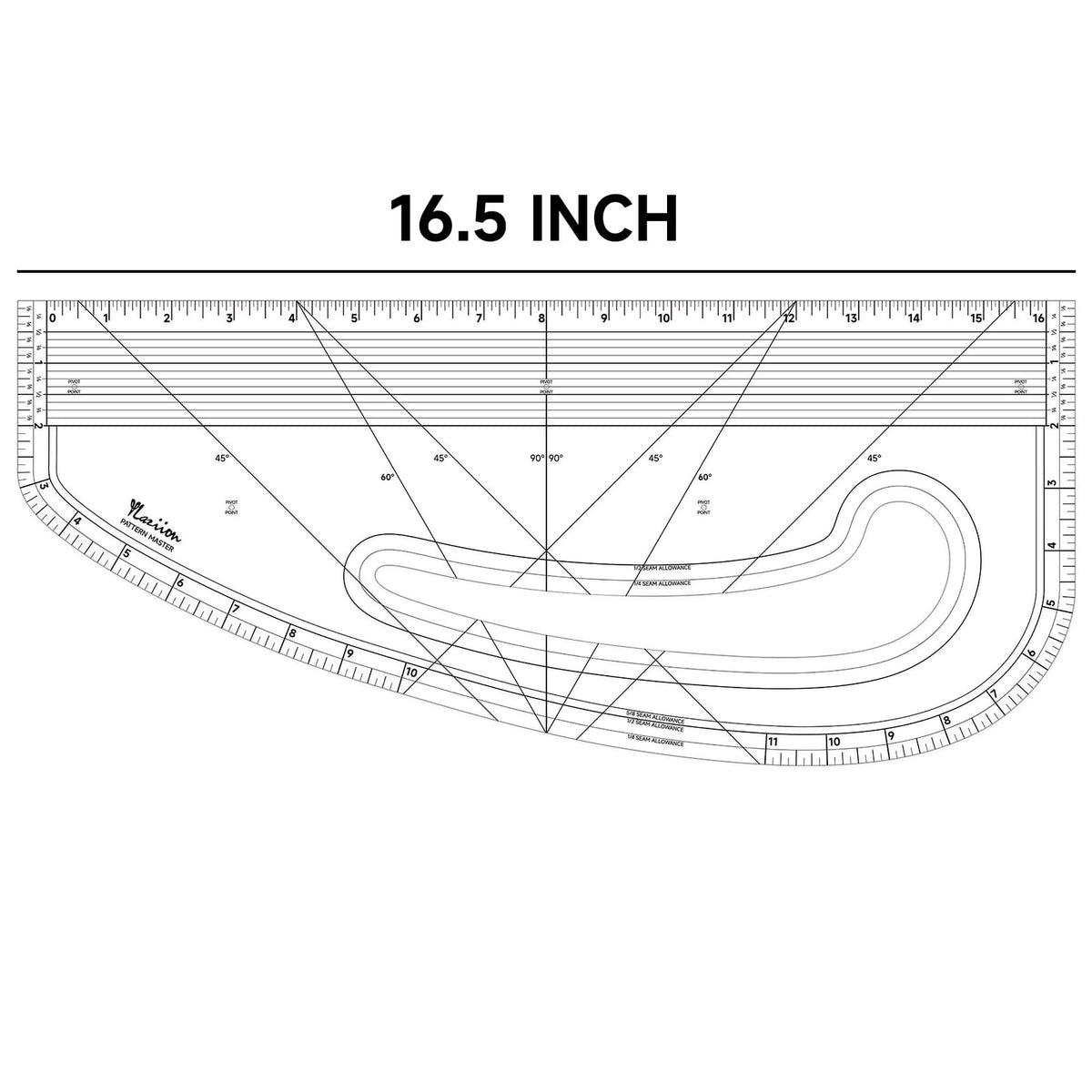 YLaziion 16" Imperial Acrylic Pattern Master Ruler, Clear 16THS Multi-Purpose French Curve Ruler, 45°& 60° Angle Lines, 3mm Non-Yellowing Hip Curve, Vary Form Curve Ruler for Sewing Pattern Making