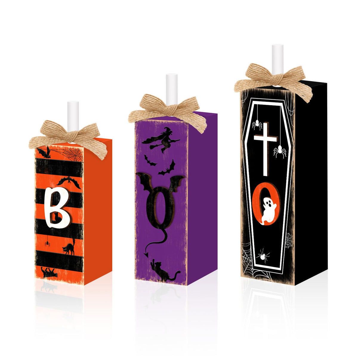 3 Pcs Boo Halloween Sign Wooden Tiered Tray Decor, Witch Black Cat Cross Coffin Table Decor 3D Carving Craft Halloween Decorations Party Tabletop Centerpieces for Home Kitchen Indoor Mantel