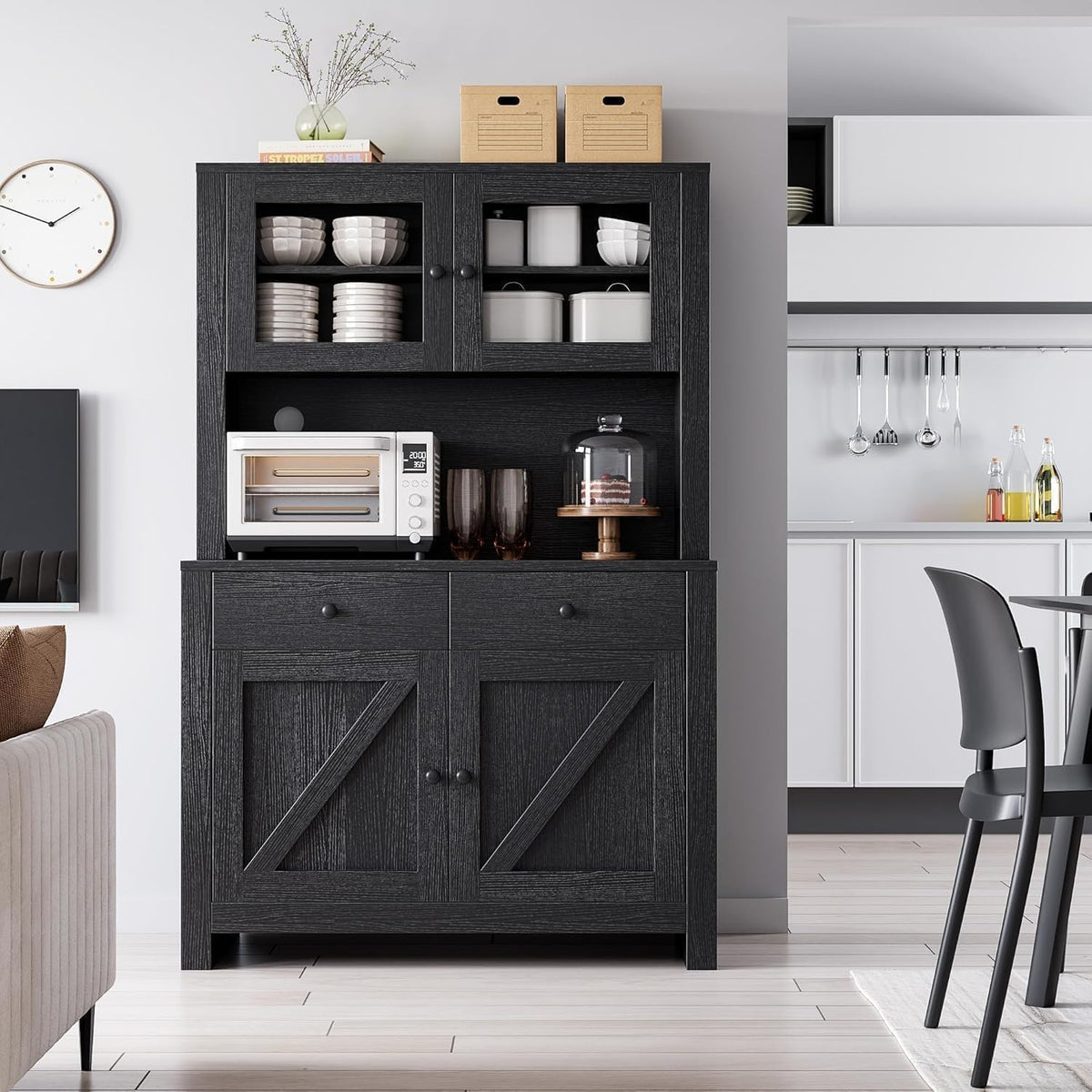 63" Tall Farmhouse Kitchen Pantry Cabinet with Microwave Stand, Freestanding Pantry Hutch Cabinet with Adjustable Shelves, Drawers & Countertop, Buffet Cupboard for Dining & Living Room Storage, Black