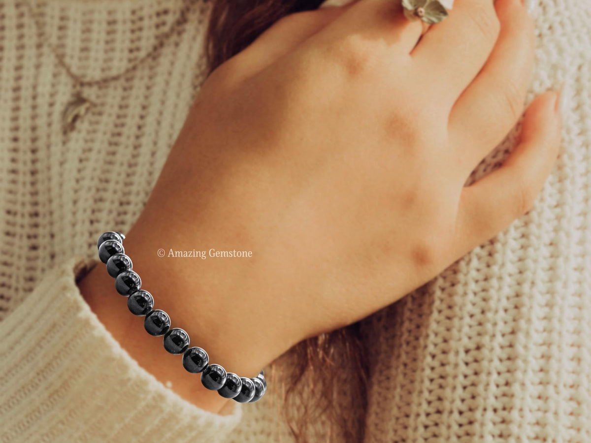Amazing Gemstone Black Tourmaline Bracelet for Women Men's Gifts - Protection Healing Crystal Bracelet - 8mm Beaded Stretchable Bracelet Pulseras Para Hombres Mujer Stocking Stuffers (Regular)