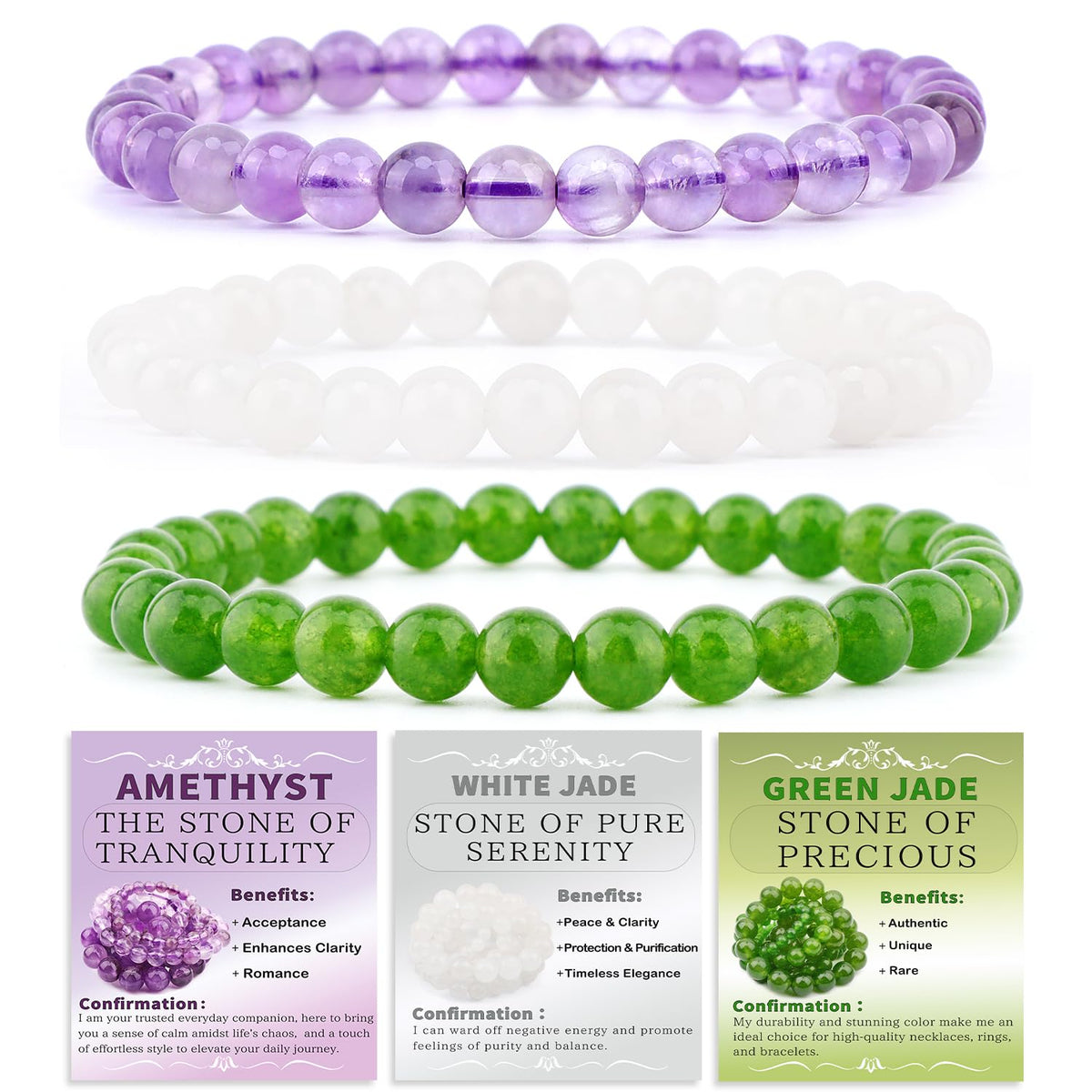 NCB 3-Piece 6mm Natural Crystal Gemstone Stretch Bracelets – ﻿Amethyst, Green Jade, White Jade Handmade Reiki Energy Healing Jewelry for Meditation,Yoga, Unisex