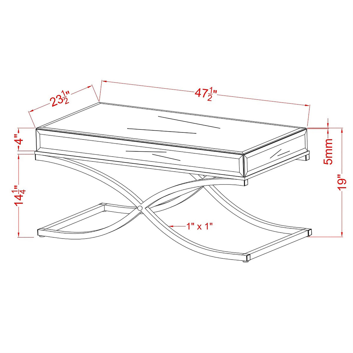 Furniture of America Luxy Glam Mirrored Top Metal 48 in. Rectangle Coffee Table for Living Room, Bedroom, Chrome Silver