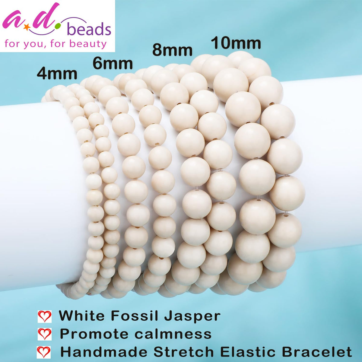 AD Beads 6mm Handmade White Fossil Jasper Elastic Bracelet – Natural Gemstone for Promote calmness – Meditation, Yoga, Healing and Energy Gift for Men Women
