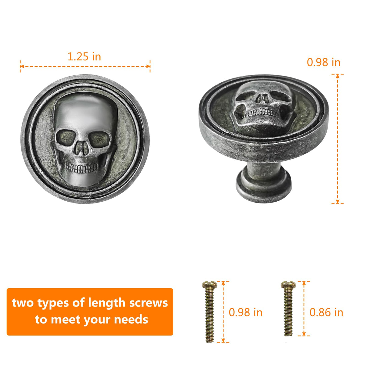 BAMI-LEE House 6PCS Vintage Skull Skeleton Cabinet Knobs - Single Hole Zinc Alloy Drawer Pulls for Kitchen, Wardrobes, Bookcases, Dresser, Closets (Ancient Tin)