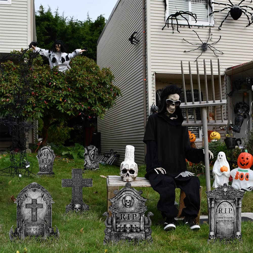 Graveyard Halloween Decorations Outdoor Tombstones: 6ct Large Tombstone Halloween Yard Signs with Stakes, 16" Realistic Scary Skeleton RIP Gravestones Lawn Cemetery Decor Outside for Kids Home Party
