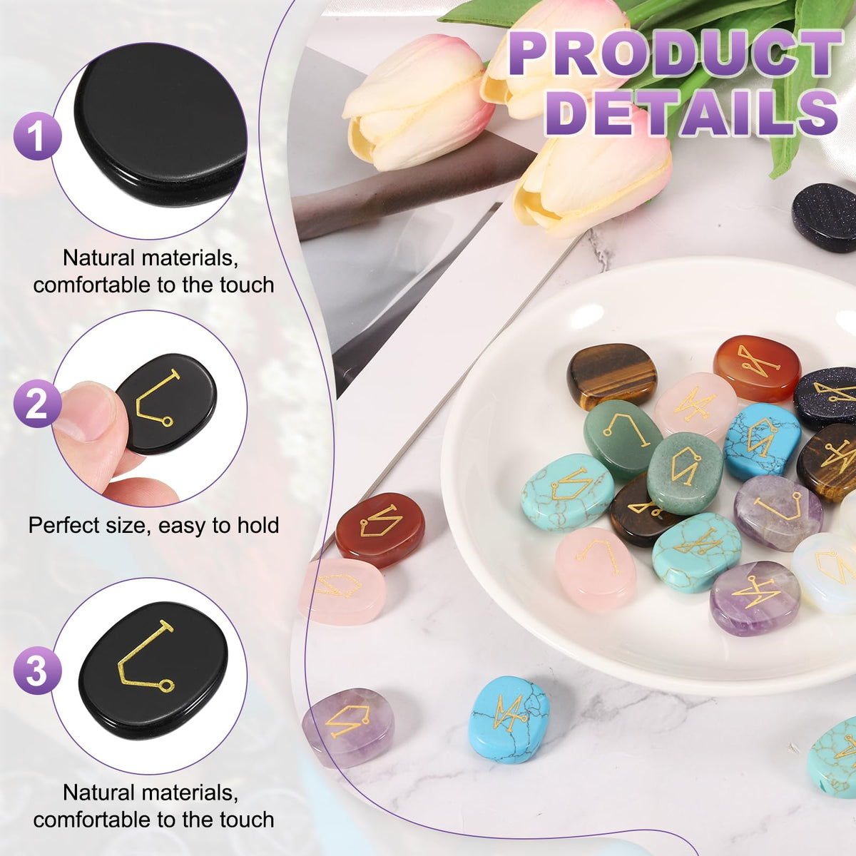 MECCANIXITY 4Pcs Engraved Chakra Stones with Reiki Symbols, Black Obsidian Reiki Healing Crystal Gemstone 7 Chakra Crystal Stones Tumbled Palm Stone for Anxiety Relieve