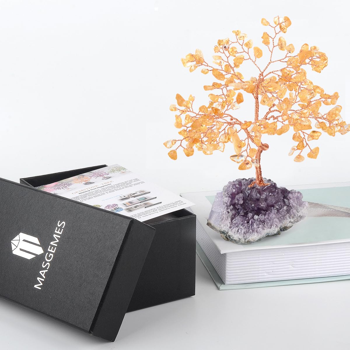 MASGEMES Natural Citrine Crystal Tree with Amethyst Geode Base,Healing Crystals Feng Shui Bonsai Money Tree,Chakra Balancing Positive Energy Home Decor 5.5"-6.3"