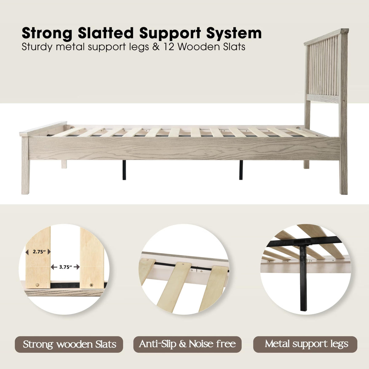 Full Size Solid Wood Platform Bed Frame, Headboard & Footboard, Easy Assembly, 12 Sturdy Slatted Base, Centre Metal Legs, No Box Spring Needed, Noise-Free & Slip-Free, Driftwood Gray Oak Finish YUF-33