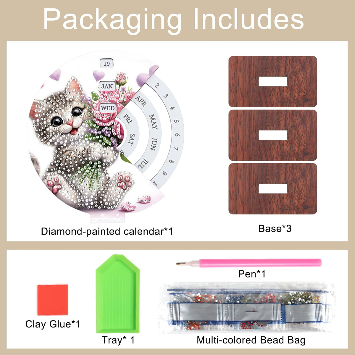AiYuanzsh 3D Diamond Art Tabletop Perpetual Calendar Kit, DIY Wooden Desktop Ornament with Cute Cat Design, Sparkling Diamond Painting Desk Decoration Gift for Home & Office