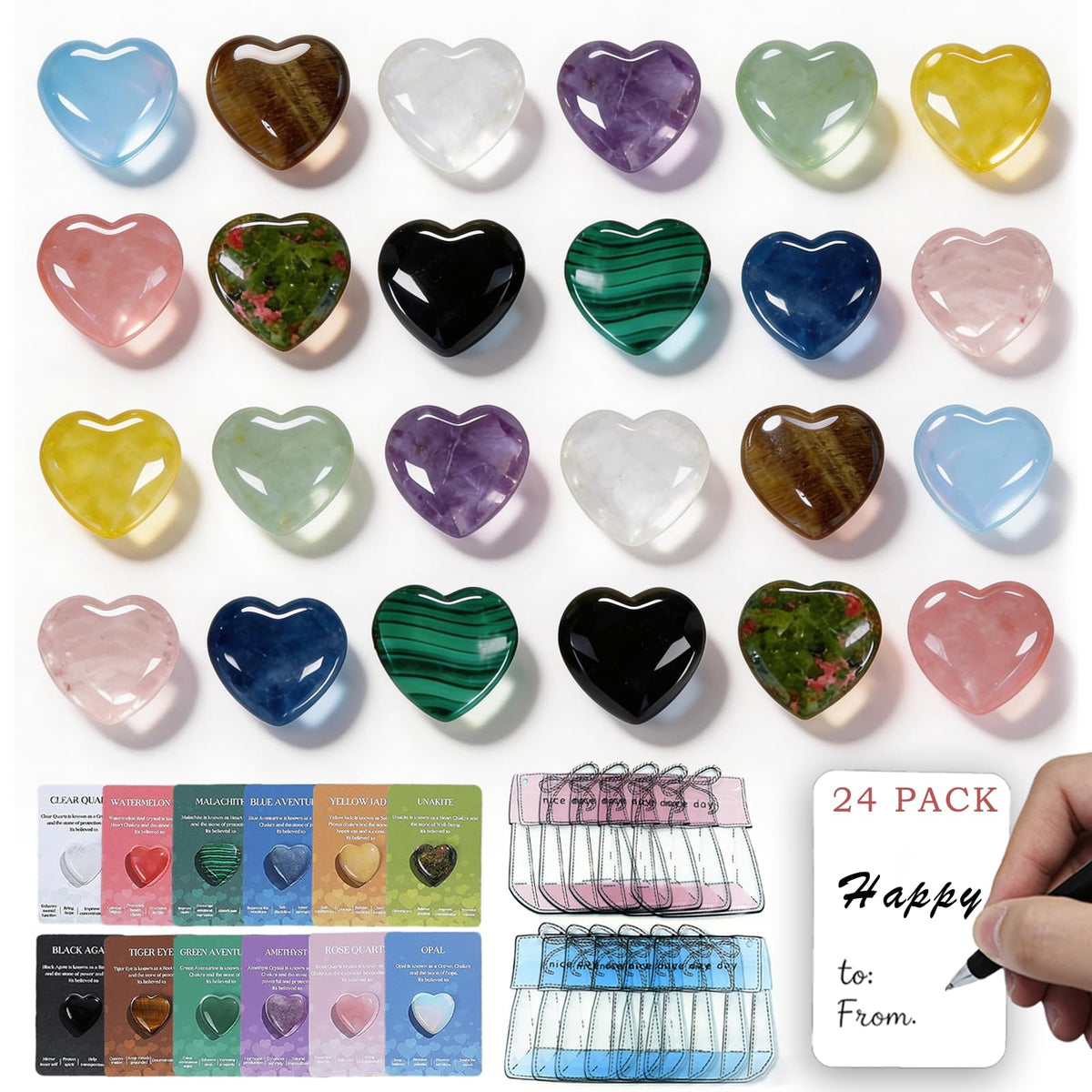 24 Packs Easter Egg Stuffers Crystals and Healing Stones with Heart Cards Classroom School Party Favors,Easter Gifts for Kids Healing Crystals Rock Gift Exchange Bulk Easter Basket Stuffers for Teen