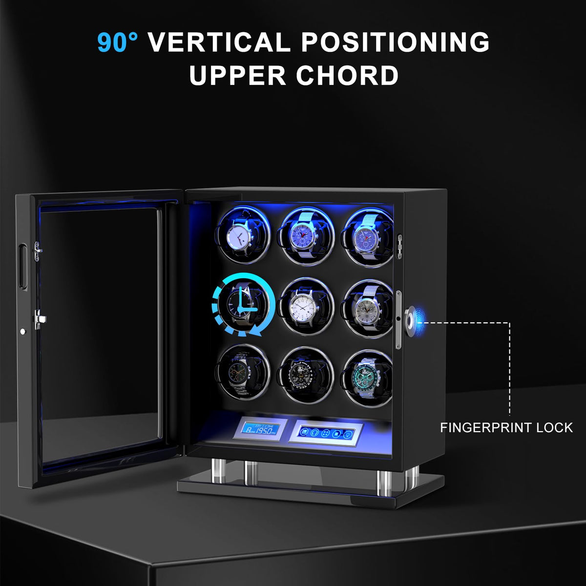 DUKWIN Watch Winder for 9 Automatic Watches, Fingerprint Lock Watch Winders with LCD Touchscreen, Blue LED Light, Remote Control,Adjustable Pillow and Quiet Motor for Universal Watches, 5TPD
