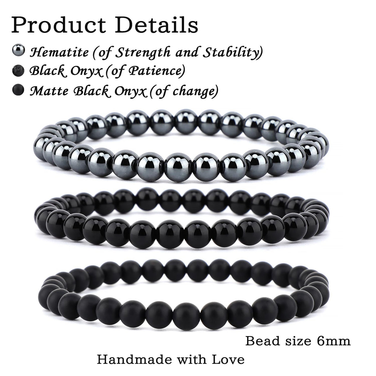 NCB 3-Piece 6mm Natural Crystal Gemstone Stretch Bracelets – ﻿Black Onyx, Hematite, Matte Black Agate Handmade Reiki Energy Healing Jewelry for Meditation,Yoga, Unisex