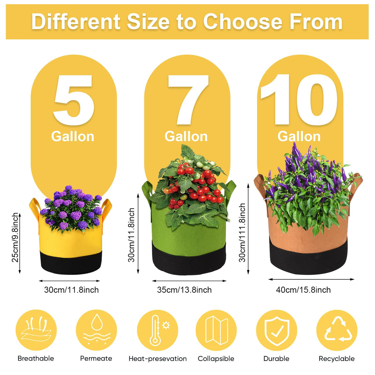 SouilGoal 6-Pack 5/7/10 Gallon Grow Bags - 350G Heavy Duty Fabric Pots with Handles, Multi-Size Planter Bags for Potatoes Tomatoes Vegetables Fruit Flowers Herbs