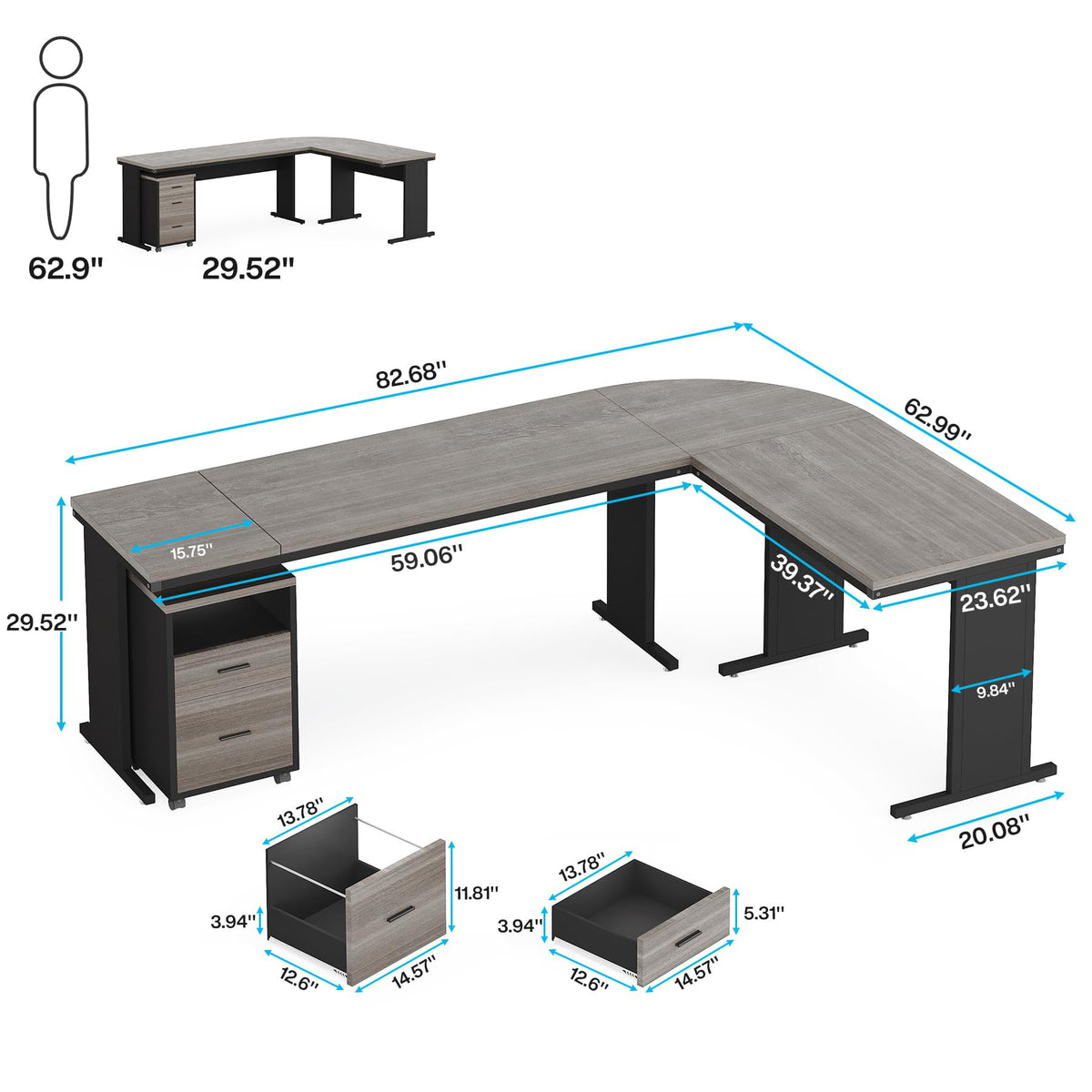 Tribesigns 83" L-Shaped Executive Desk, Large Office Desk with Drawes, Industrial Corner Computer Table with File Cabinet, Business Workstation for Home Office (Gray, 83")