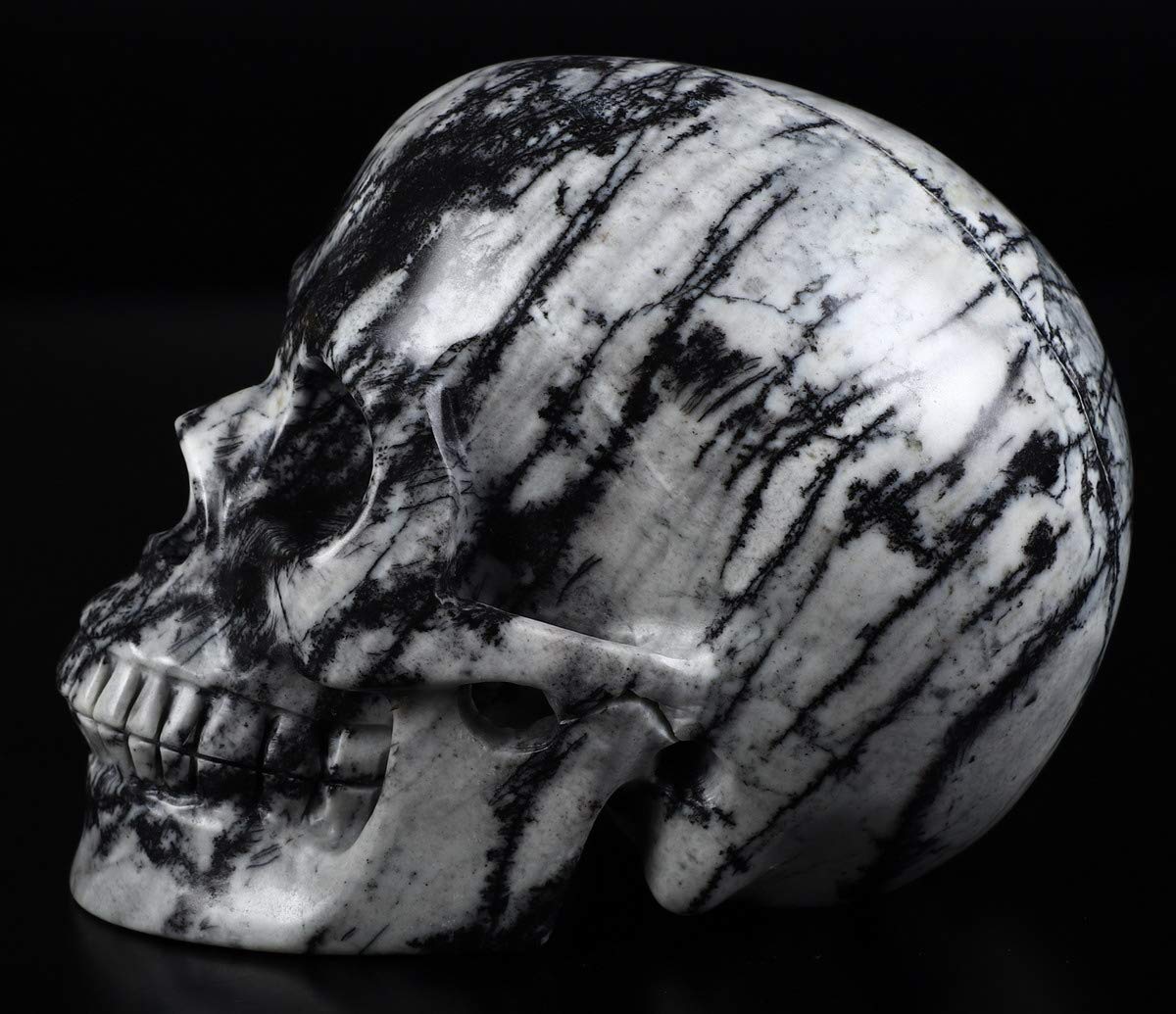 Skullis 5.0" Black Picasso Crystal Skull, Hand Carved Gemstone Fine Art Sculpture, Reiki Healing Stone Statue.