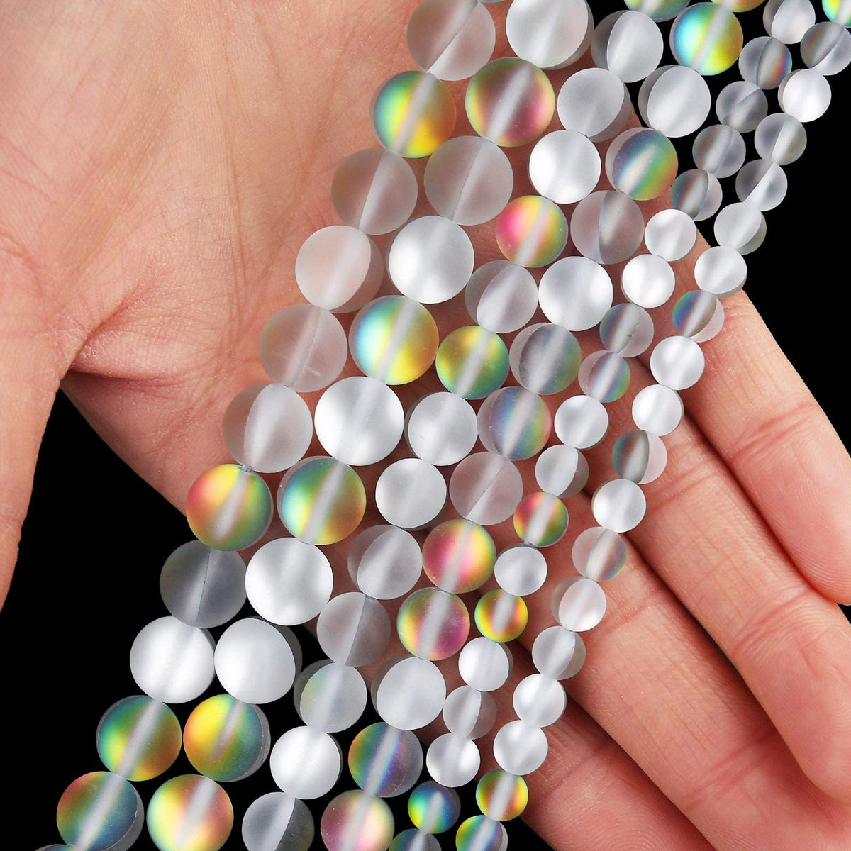 Matte Vitrail Medium Aurora Crystal Glass Beads, 8MM Frosted Glitter Shining Mermaid Round Loose Beads, Rainbow Holographic Synthetic Moonstone for Jewelry Making DIY Bracelet
