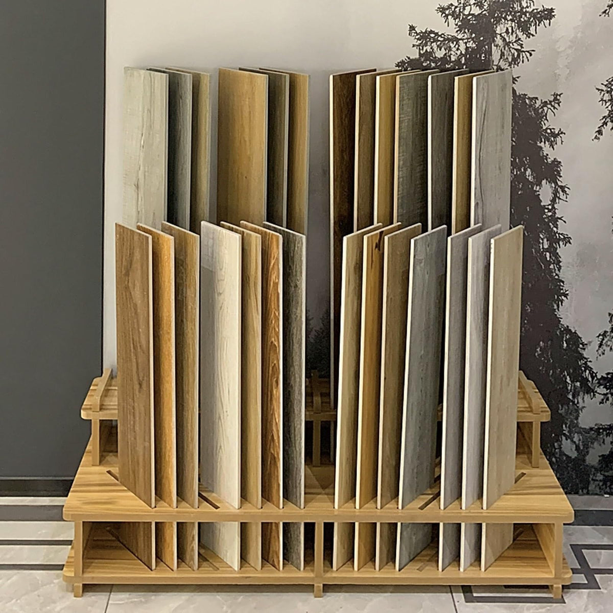 Floor Tile Sample Rack,Wooden Display Shelf for Building Materials - Stylish Long Strip Tile Stand for Marble & Floor Samples, Space-Saving Retail Store & Trade Show Rack (117x42)