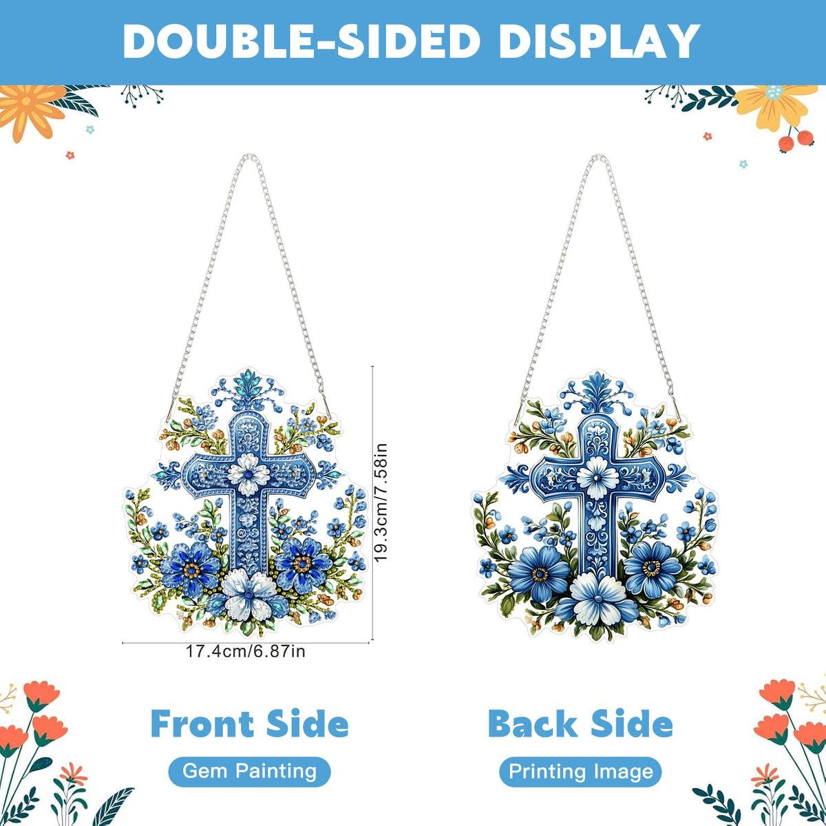 NAIMOER Cross Flowers Diamond Art Hanging Kits for Adults, 5D Special Shaped Rhinestone, DIY Acrylic Spring Diamond Art Painting Window Pendants Home Garden Wall Hanging Ornament Kits, Double Sided