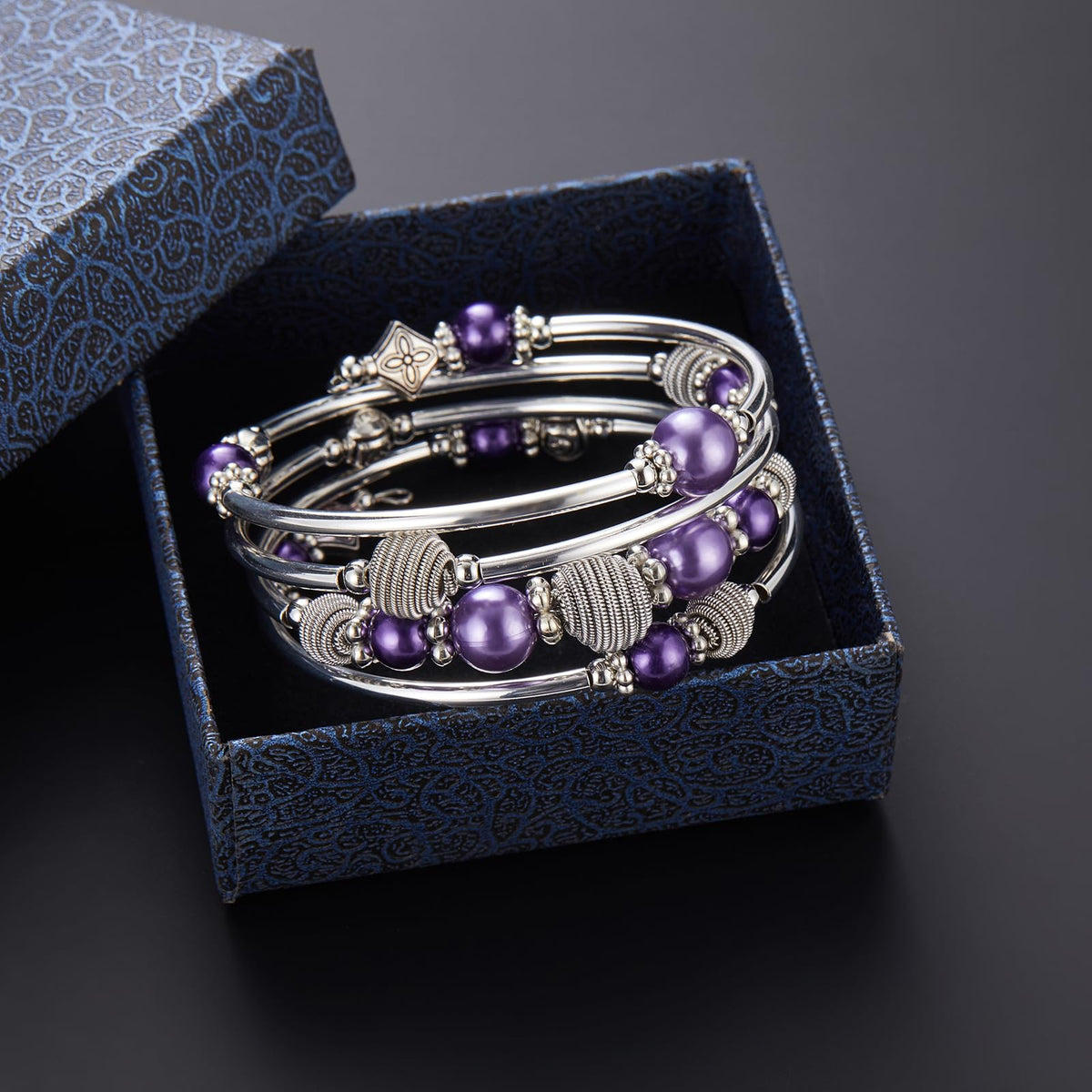 Beaded Chakra Bangle Turquoise Bracelet - Fashion Jewelry Wrap Bracelet with Thick Silver Metal and Mala Beads, Birthday Gifts For Women(Purple pear)