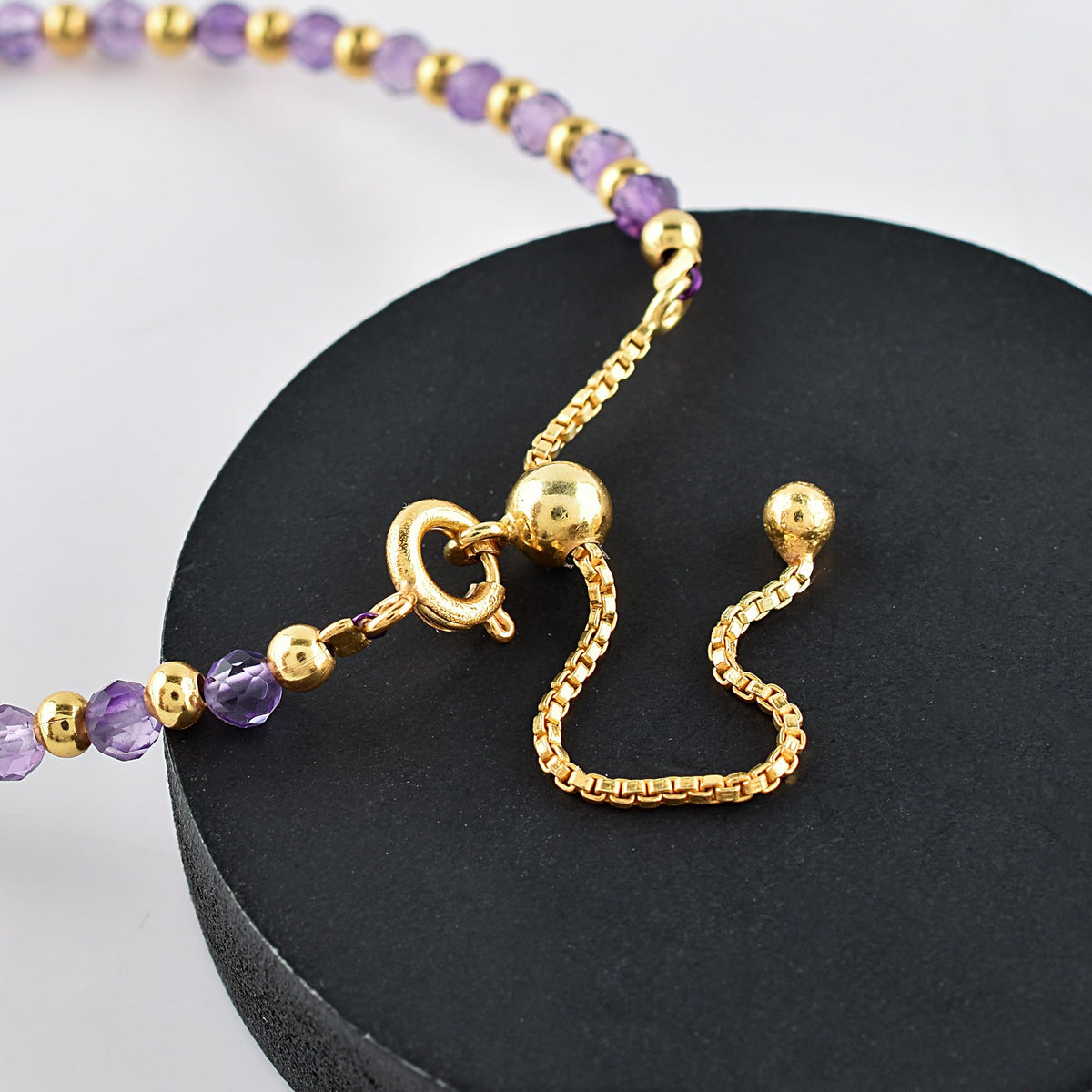 InfinityGemsArt Amethyst Bracelets For Women, Natural February Birthstone Jewelry, Purple Beads Beaded Stone Bolo Slider Crystals Gemstones 14K Gold Plated Adjustable Chain, Valentines Day Gifts