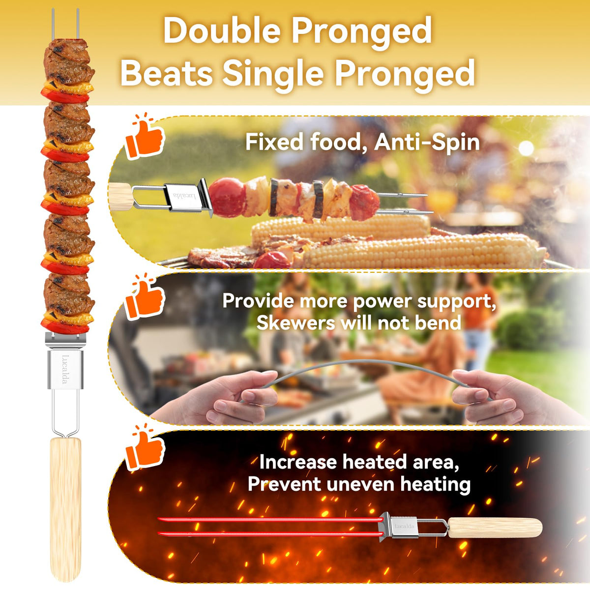 Skewers for Grilling, 17" (6 Pcs) Wooden Handle Double Pronged Stainless Steel Flat Kabob Skewers with Push Bar, Reusable Long Metal Skewer Sticks for Meat Chicken Vegetable, BBQ Accessories