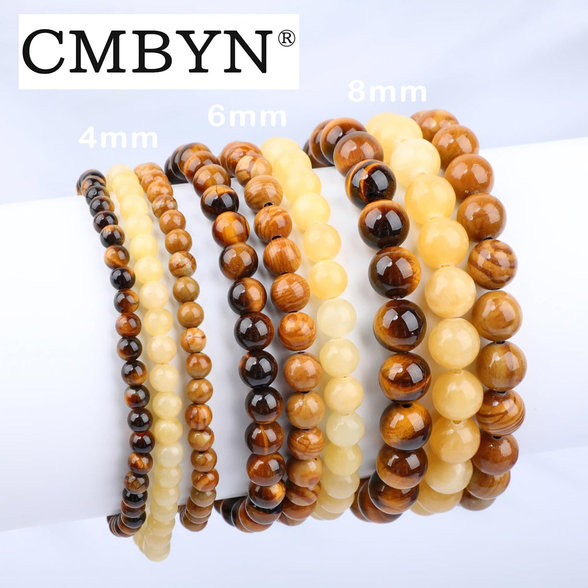 CMBYN 3-Pieces 4mm Natural Crystal Gemstone – ﻿Woodgrain Jasper, Yellow Jade, Yellow Tiger's Eye Handmade Reiki Energy Healing Stretch Bracelets Jewelry for Yoga, Meditation, Unisex