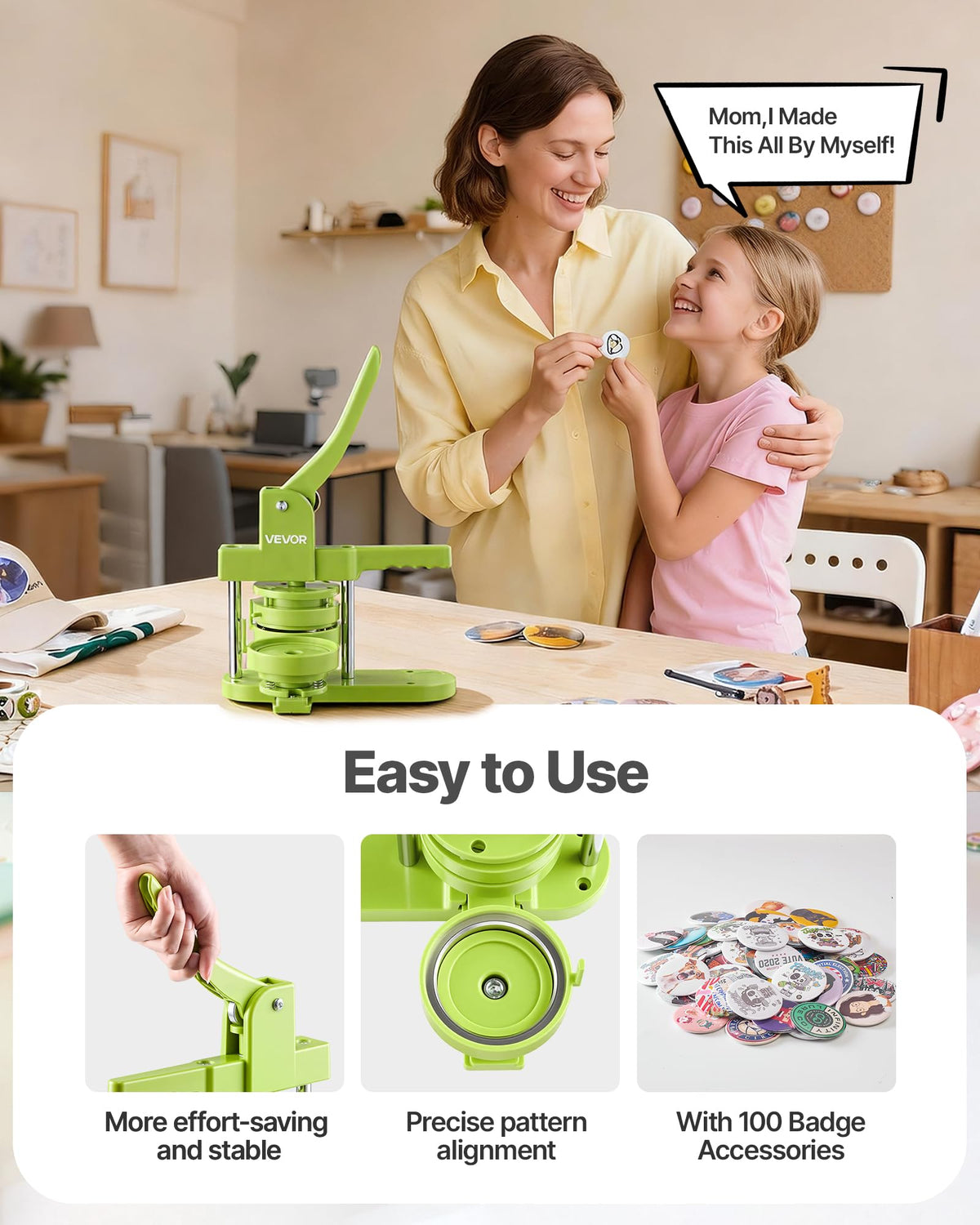VEVOR Button Maker Machine, 3in/75mm Plastic Pin Maker with 100pcs Button Parts, Mr. Panda Magic Book, Circle Cutter and Hex Wrenches, Reinforced Ergonomic Handle, for DIY Badges, Personalized Pins