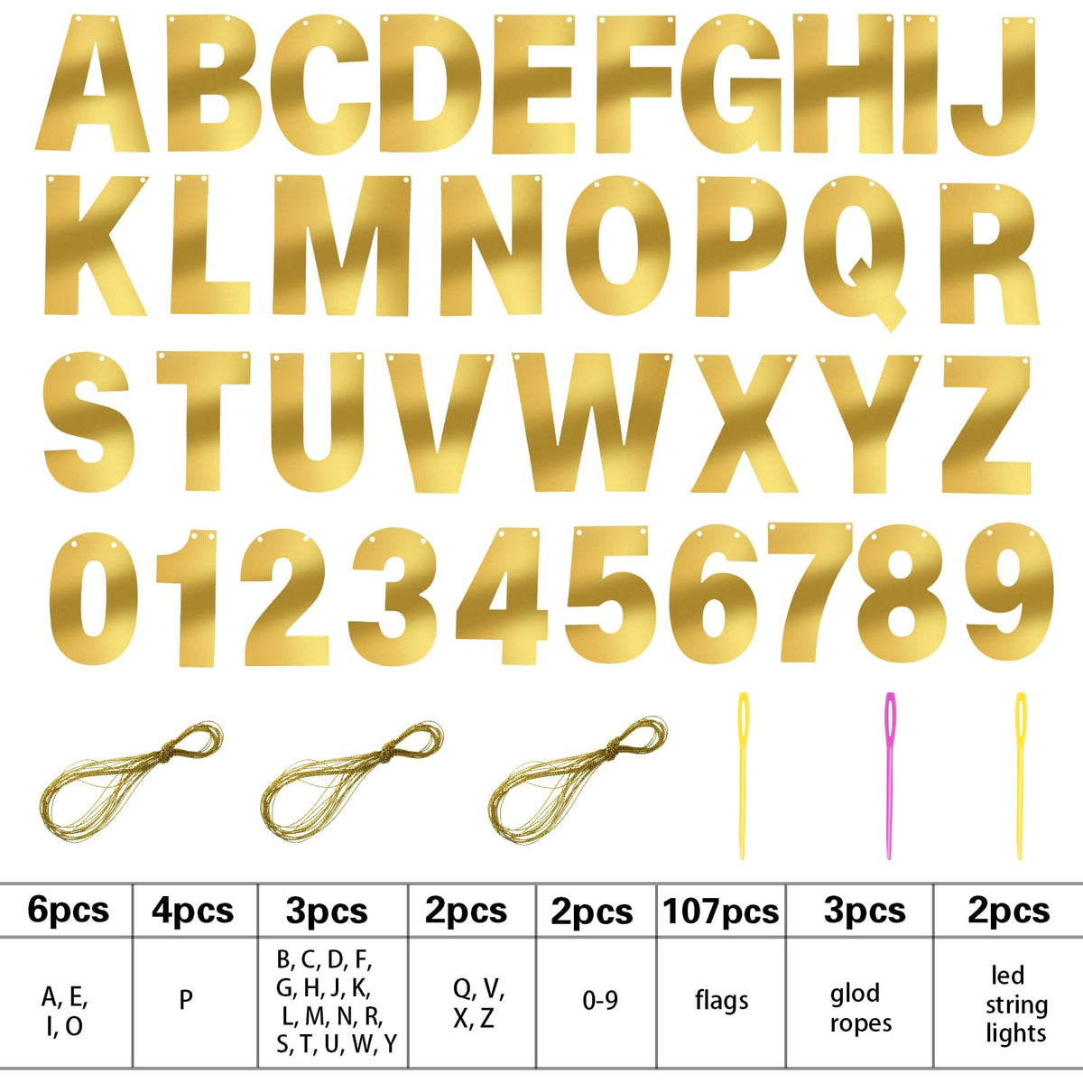 TaoBary 112 Pcs DIY Letter Kit Glitter Customizable Banner Letters Include 107 Letters and Numbers 3 Rope and 2 Needles for Birthday Halloween Christmas Wedding Valentine Party Decor(Bright Gold)