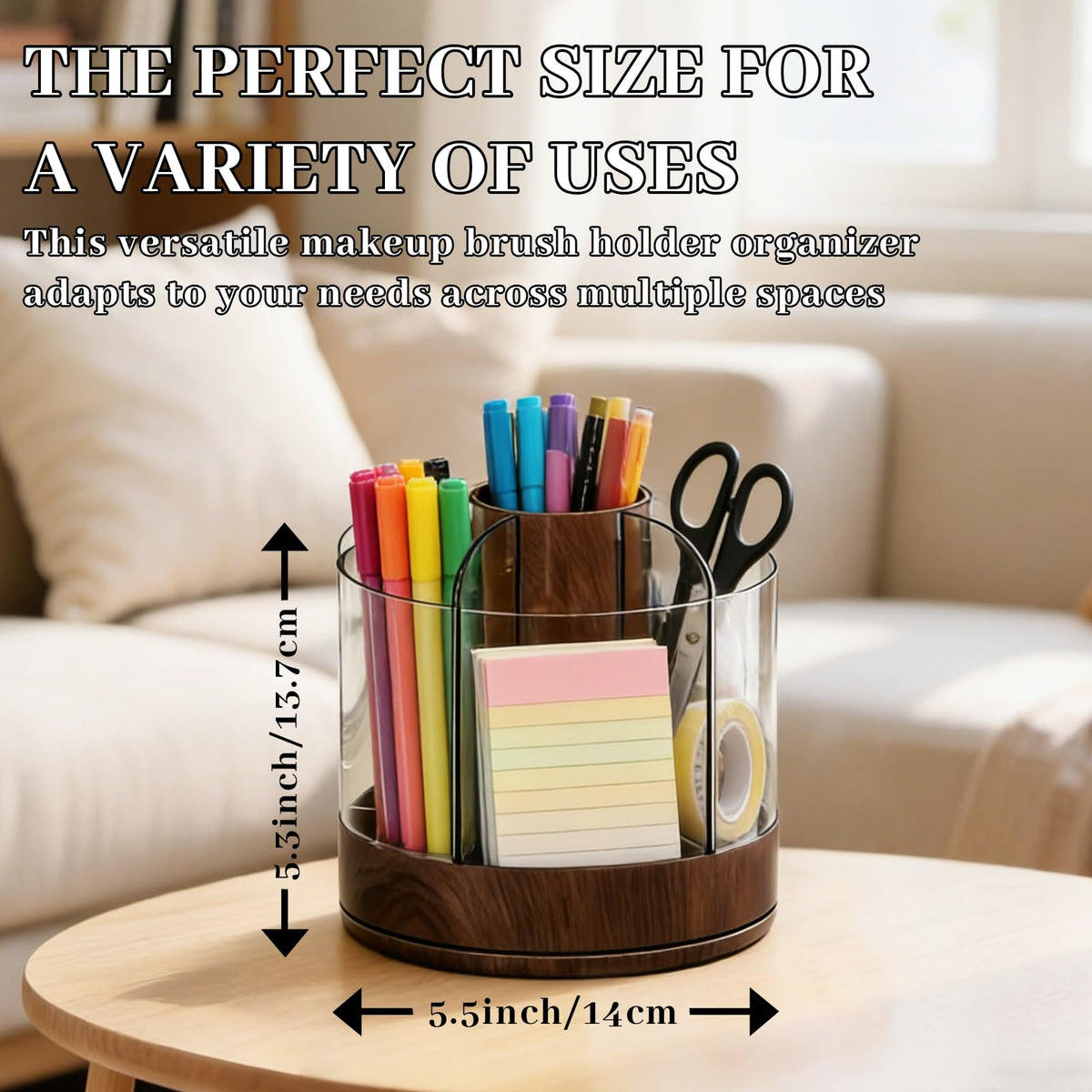 NULANCITIDE 360 Spinning Makeup Brush Holder, Acrylic Organizer with 6 Removable Compartments, Rotating Pen Holder for Desk, Bathroom Vanity Desktop Organizer for Cosmetics Art, Walnut