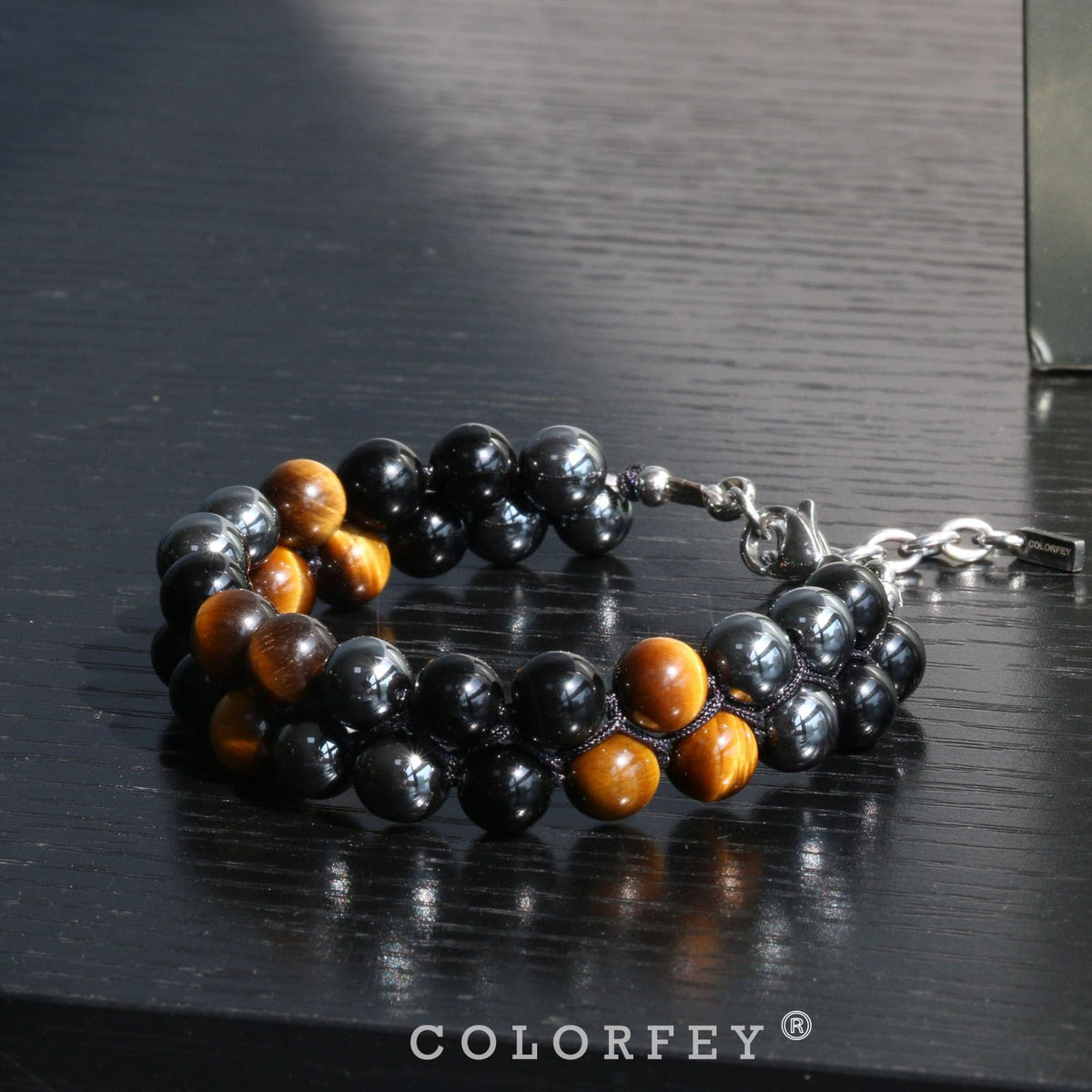 Triple Protection Bracelet for Men, COLORFEY Healing Tigers Eye Obsidian Hematite Stone Bracelet Pyramid Tiger Eye Bead Bracelets 8mm, Premium Handcrafted Stainless Steel Bracelets Luck Gift for Men