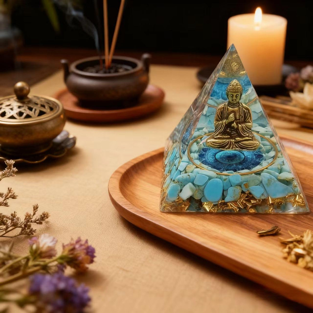 ycyingcheng Moonstone Crystal Orgone Pyramid, Turquoise Ogan Crystal Energy Tower, Bronze Statue Buddha Sculpture Crystal Pyramid for Home Decor (Crystal Pyramid-23)