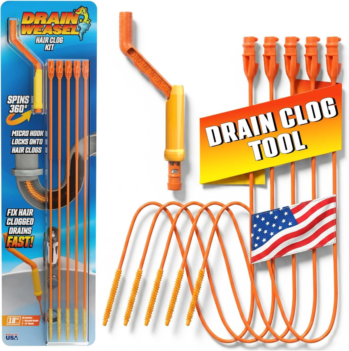 Flexisnake Drain Weasel Hair Clog Remover Kit – Plumbing Snake Auger for Cleaning Shower, Bath Tub, Bathroom Drains with Rotating Handle and 5 Disposable Wands, Made in USA