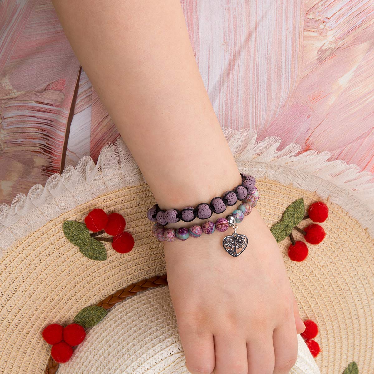 Bivei Life Tree Bracelet - Lava Stone Essential Oil Gemstone Beaded Yoga Meditation Regalite Stone Beach Charm Bracelet Set(Purple)
