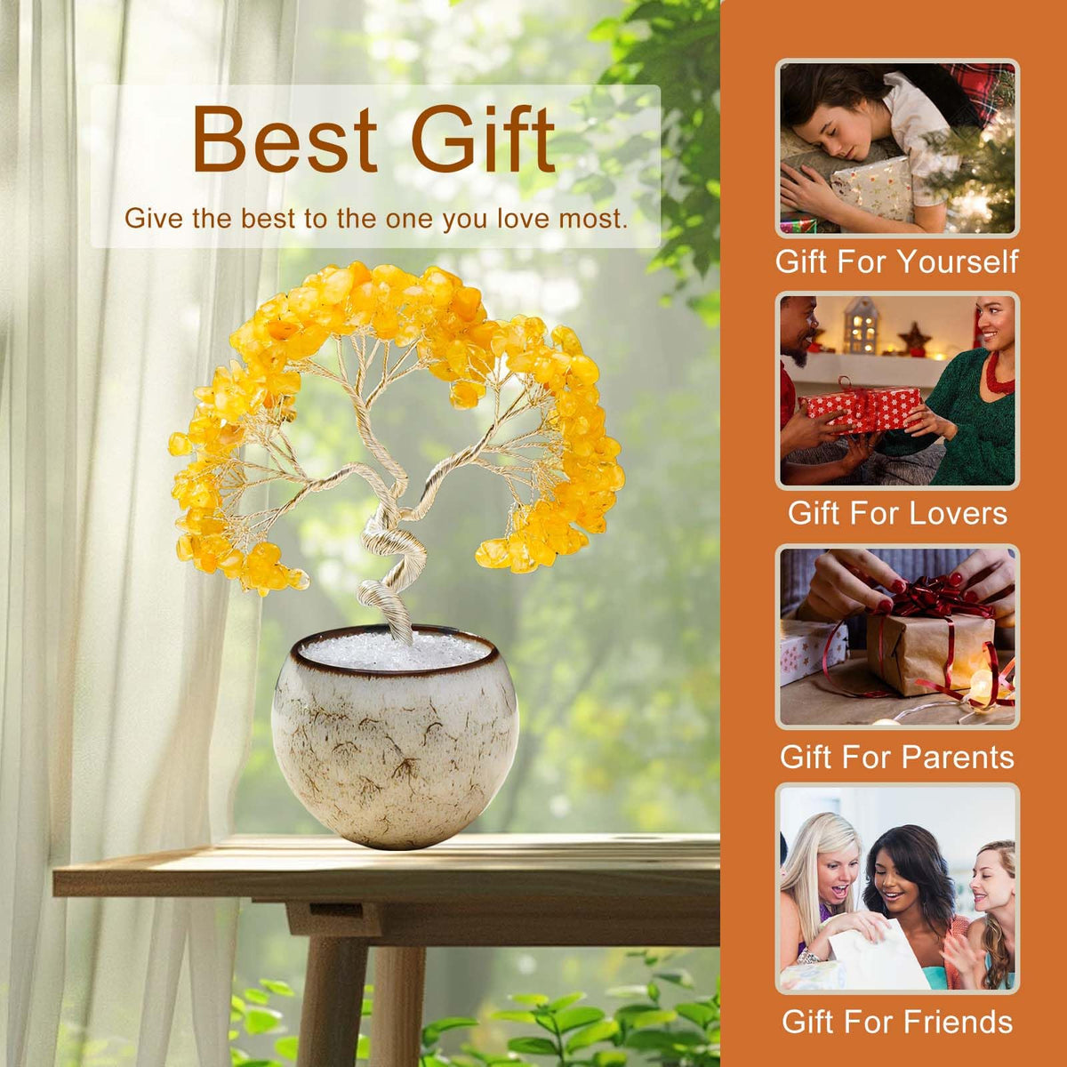 Runyangshi Citrine Crystal Tree of Life - 7in Chakra Crystal Money Tree with 297 Natural Healing Crystal Gemstone for Feng Shui, Luck, Balancing Energy Home Decor & Spiritual Gift