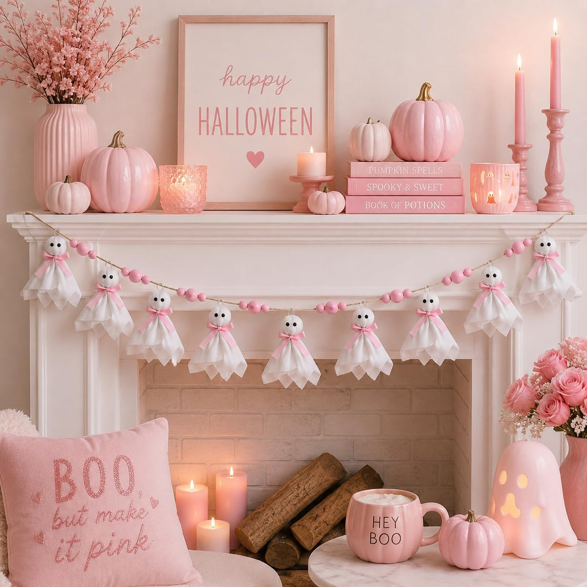 Craflox Pink Halloween Garland Ghost Decor, Pastel Girly Halloween Party Garland for Mantle, 6.6Ft Cute Spooky Pink Wooden Beads Decorations for Home Indoor, Handmade Banner