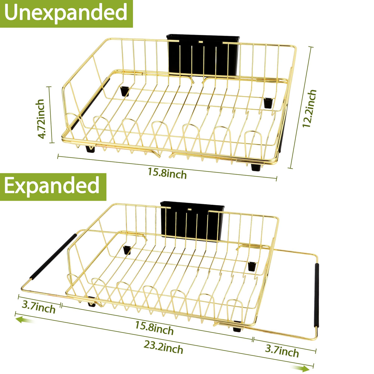 HAYAWEY Golden Expandable Dish Drying Rack with Silicone Drying Mat-Extra Large Stainless Steel Dish Drainer Over The Sink with Utensil Holder, Applicable for Sink Width 16'-22' (Gold,23.2'*12.2')
