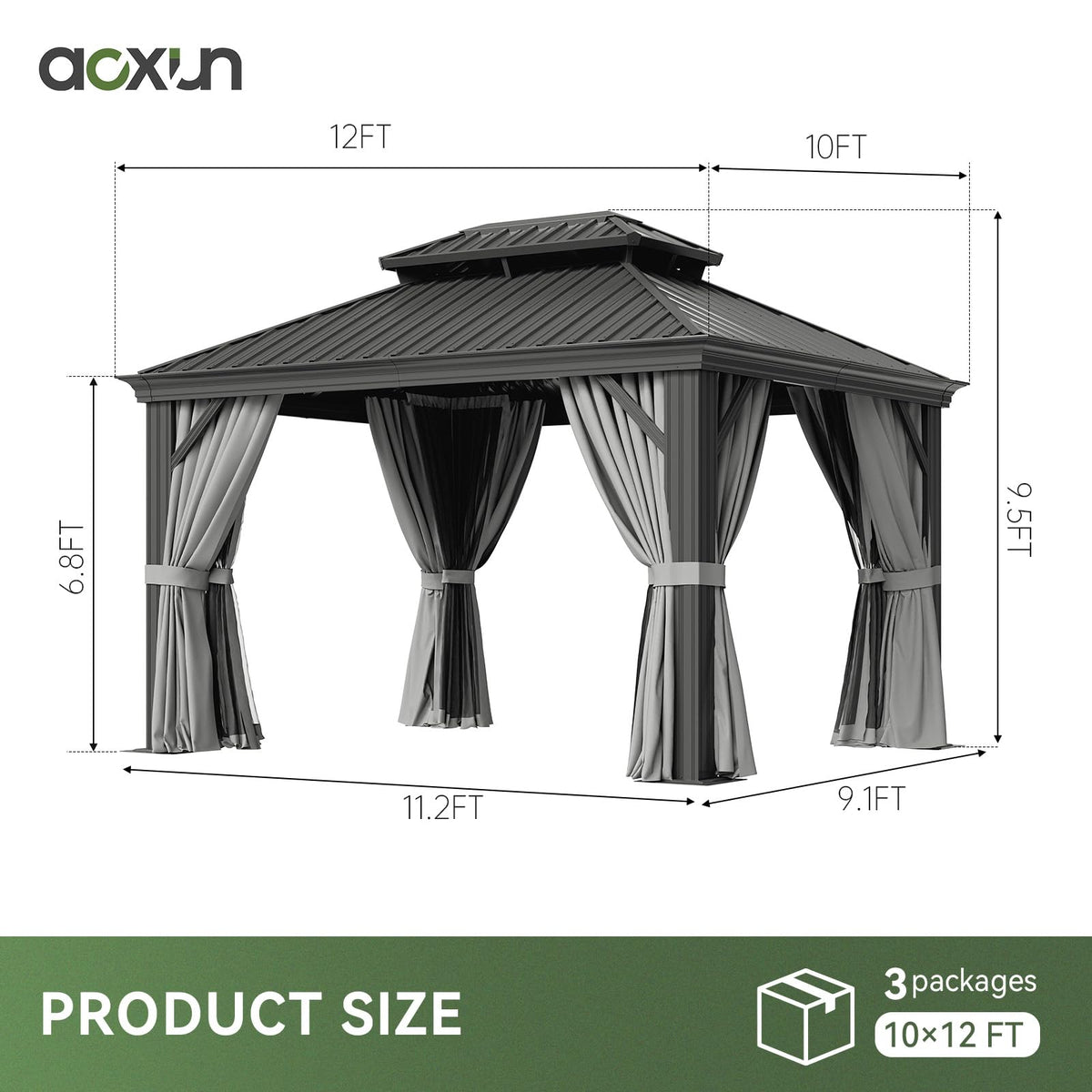 Aoxun 10' x 12' Outdoor Gazebo for Backyard, Hardtop Aluminum Gazebo with Metal Steel Double Roof, Pavilion with Netting and Curtains for Patio Deck Garden, Grey
