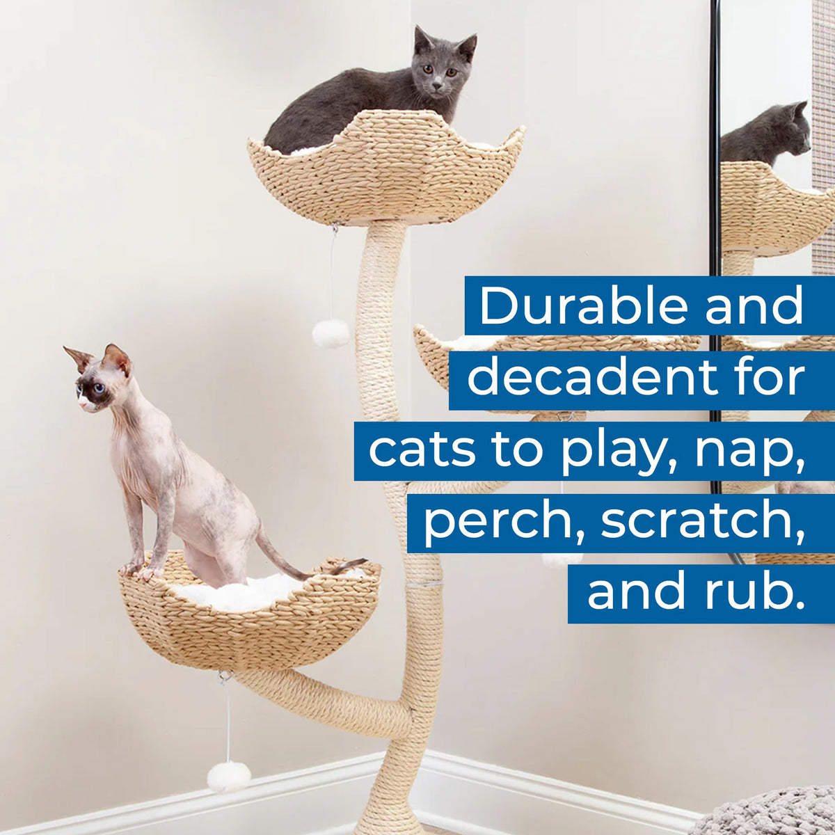 Habitat Haven The Sanctuary Cat Tree - Luxury Cat Condo, Large Modern Indoor Tower with 3 Faux Fur Beds, Scratching Posts, and Toys for Cats, 23-Inch Width x 23-Inch Depth x 52-Inch Height