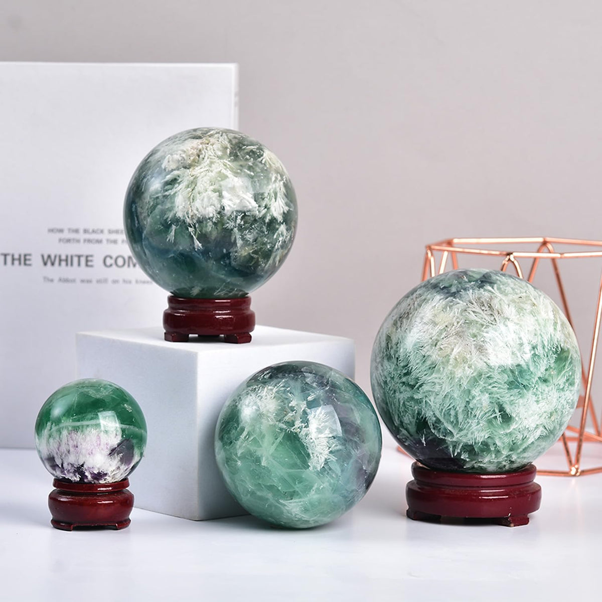 JIC Gem Large Crystal Ball Feather Fluorite Healing Crystals Sphere with Wooden Stand Meditation Home Decor 4 inch (100mm)