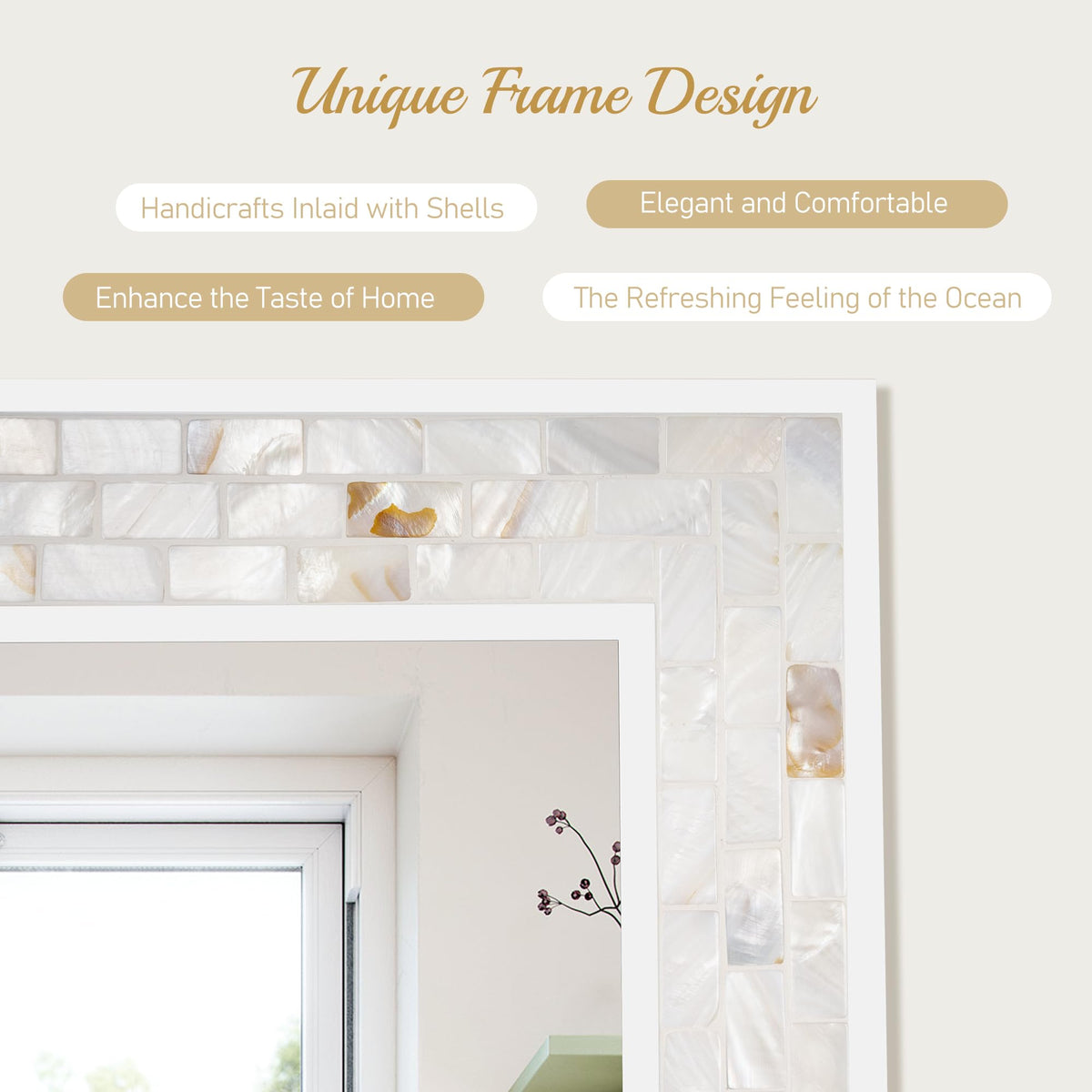 White Framed Bathroom Mirrors for Wall, 20x28 Inch Mother of Pearl Inlay Mirrors with Tempered Glass for Bathroom Bedroom or Living Room (Horizontal/Vertical Hanging)