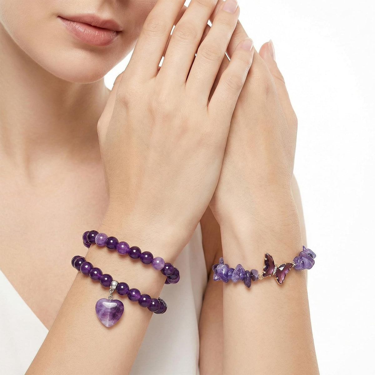 Sdfvsdg Healing Crystal Beaded Bracelet for Women Amethyst Gemstone Anxiety Stress Relief Charm Bracelet Butterfly Heart Charm Healing Stone Jewelry Gifts for Birthday Mothers Day Valentine