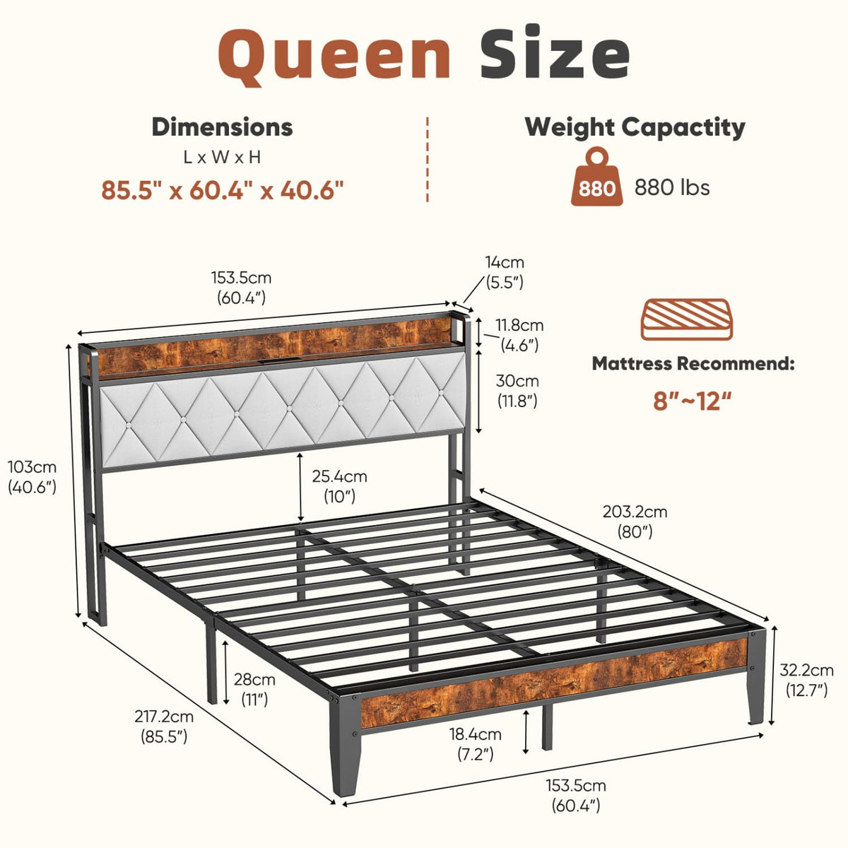 UOCFYK Queen Bed Frame, Platform Bed Frame with Storage Headboard with Charging Station, All Sturdy Metal Support, No Box Spring Needed, Easily Assemble, Grey + Brown