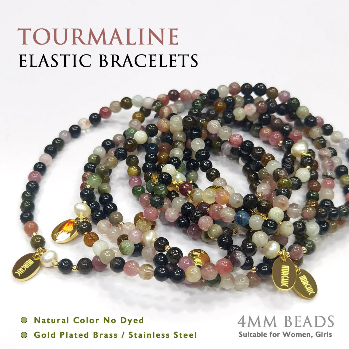 Morchic 4mm Natural Tourmaline Gemstone Beads Stretch Bracelet for Women, With Freshwater Pearls, Energy Gem Birthday Gift for Her 7.2”