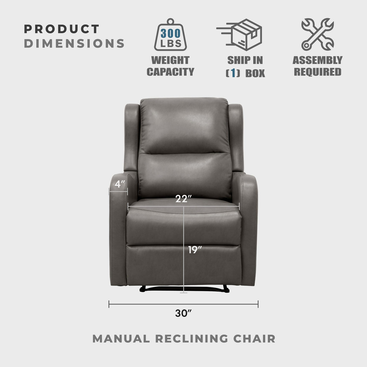 Lexicon Manual Recliner Chair, Reclining Sofa Chair, Home Theater Seating, Wall Hugger, Manual Recliner for Living Room/Office/Apartment, Easy Assembly, Gray Faux Leather