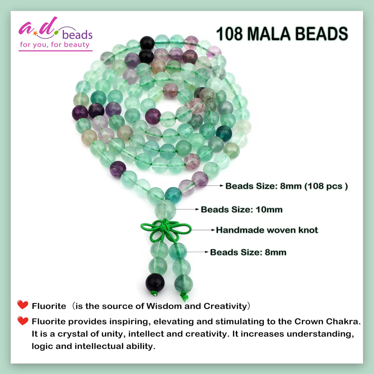 AD Beads 8mm 108 Prayer Mala Fluorite Elastic Bracelet - Wisdom and Creativity - Handmade Yoga Meditation Healing Power Energy Gifts for Unisex Adult.