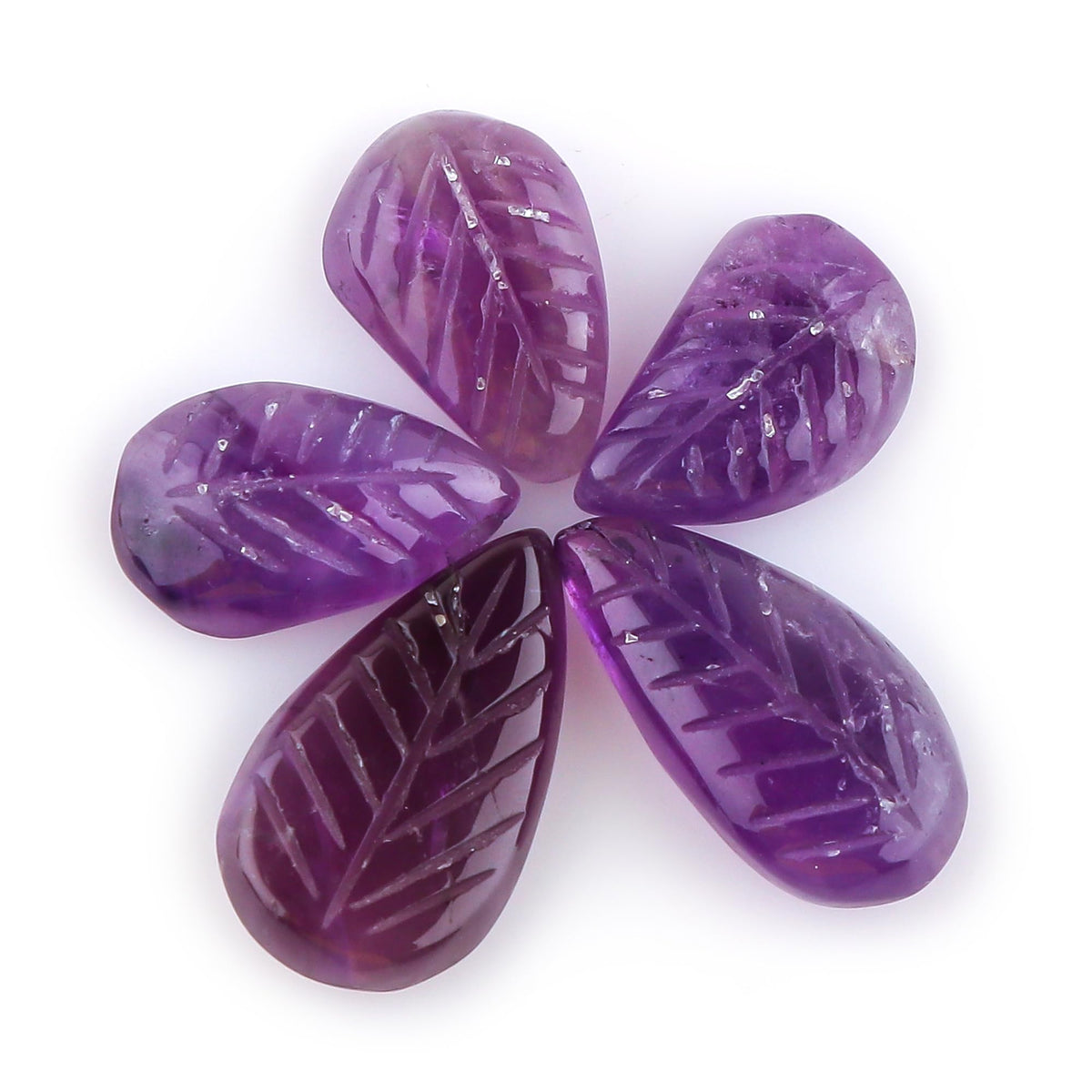 CRYSTALINES 5pcs, Natural Purple Amethyst Gemstone, Bulk Hand-Carved Stone, Wholesale Polished Leaf Cabochon, DIY Jewelry Making, Healing Crystal Supply, February Birthstone, Gem Collection