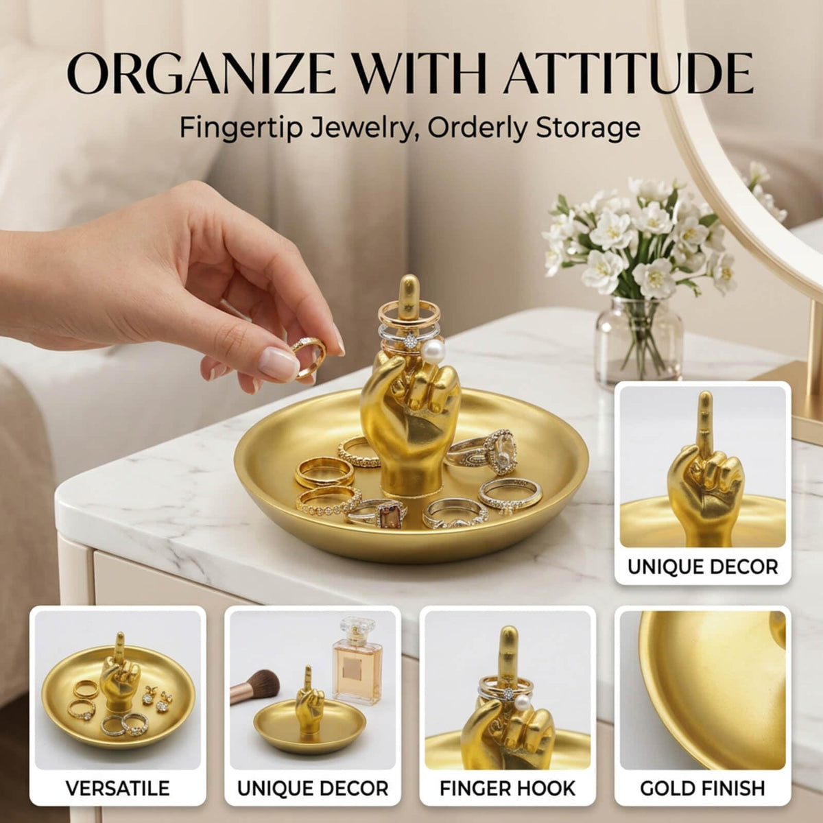 Brillantreal Hand Gesture Jewelry Display Stand - Decorative Ring Holder Tray for Vanity Organization