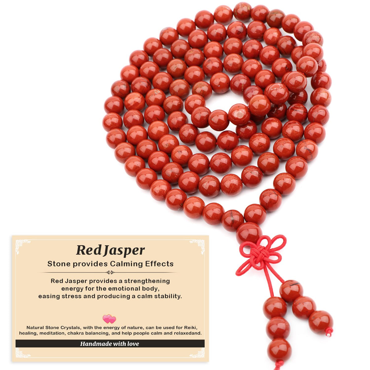 AD Beads 6mm 108 Prayer Mala Red Jasper Elastic Bracelet - Stone Provides Calming Effects - Handmade Yoga Meditation Healing Power Energy Gifts for Unisex Adult.
